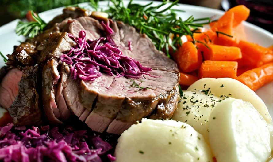 Rinderbraten mit Rotkohl und Klößen: