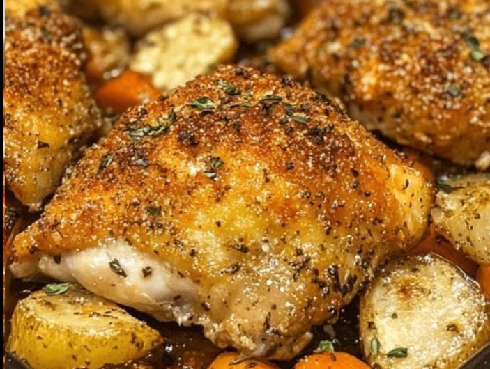 Knuspriges Knoblauch-Hähnchen aus dem Ofen mit Gemüse