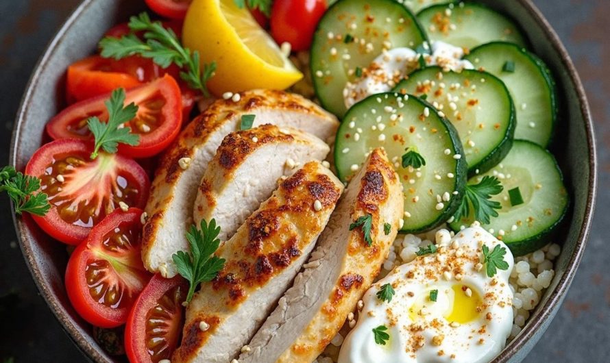 Low-Carb-Bowl mit Hähnchen, frischem Gemüse und Blumenkohlreis