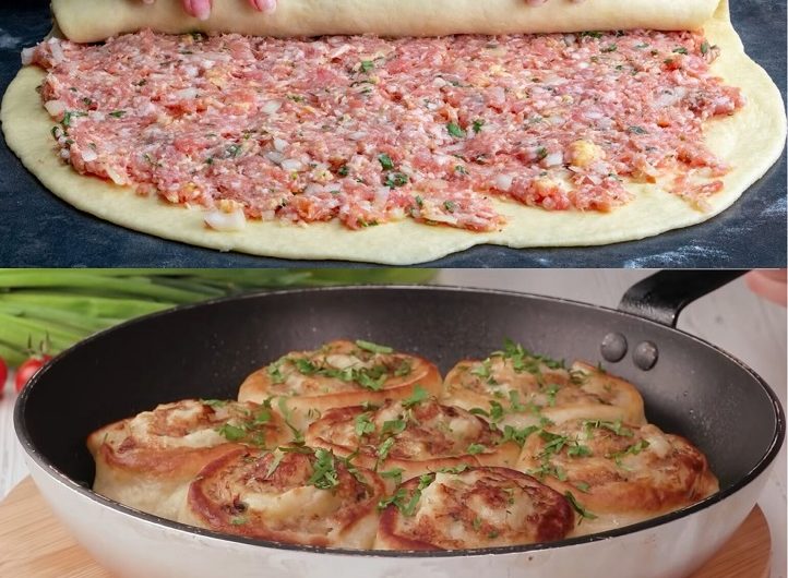 Herzhaft gefüllte Pizzarolle mit Hackfleisch und Käse