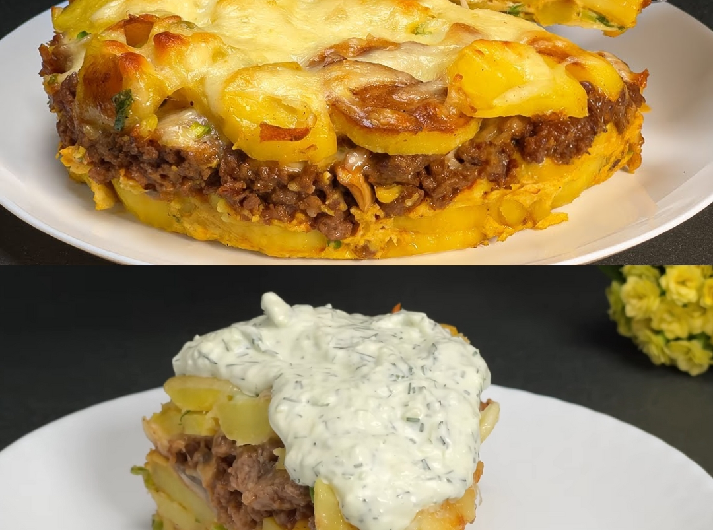 Ofenkartoffel-Fleisch-Auflauf mit Knoblauch-Joghurt-Sauce