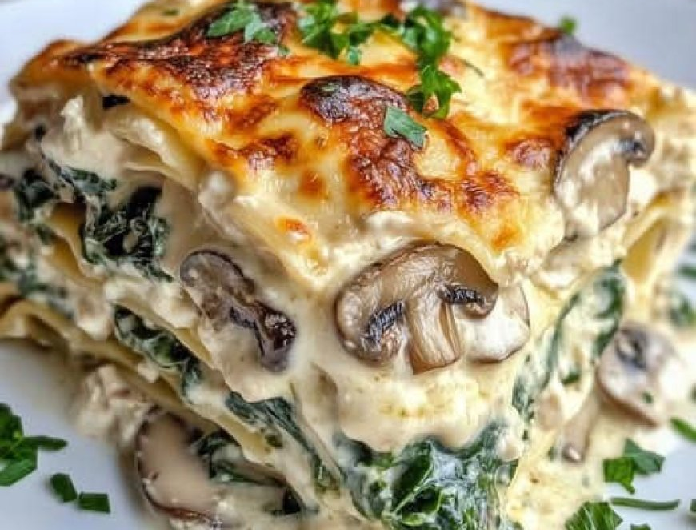 Cremige Lasagne mit Spinat und Champignons – ein vegetarischer Genuss, der begeistert