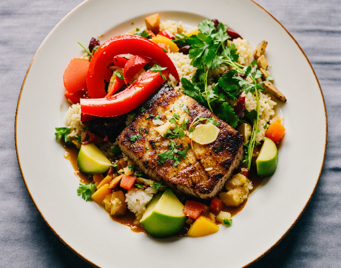 Gebratener Fisch mit Gemüse-Reis und Avocado
