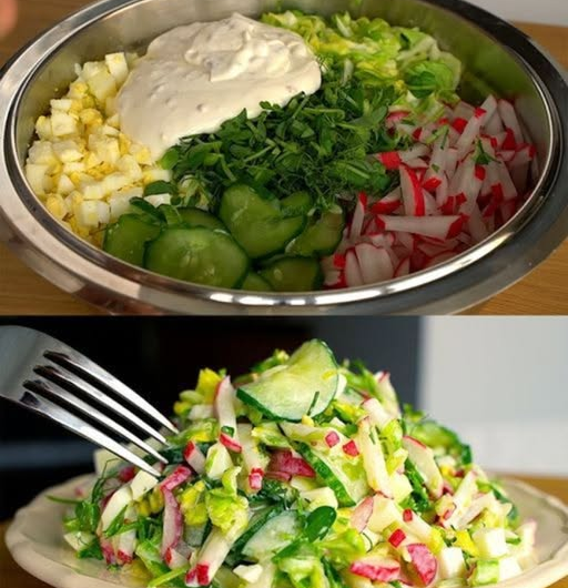 Bauchfett abbauender Gurkensalat mit Eiern und Radieschen