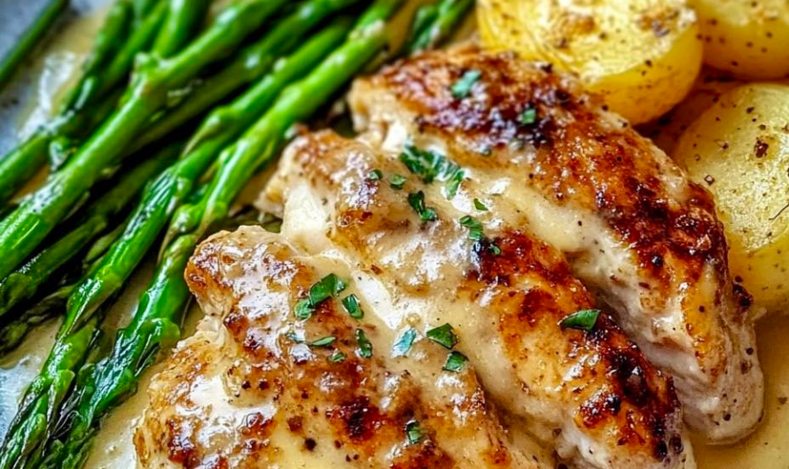 Honig-Senf-Hähnchen mit geröstetem Spargel und Käse – ein Ofengericht, das nach Frühling schmeckt