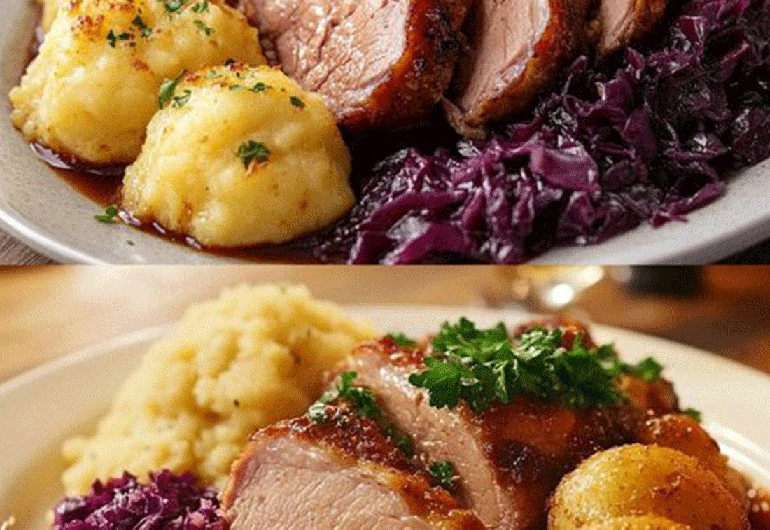 Schweinekrustenbraten mit Klößen und Rotkohl – wie bei meiner Oma an Weihnachten
