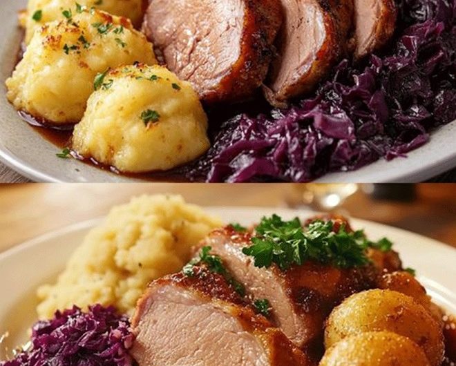 Schweinekrustenbraten mit Klößen und Rotkohl – das Festessen, das meine Gäste sprachlos machte