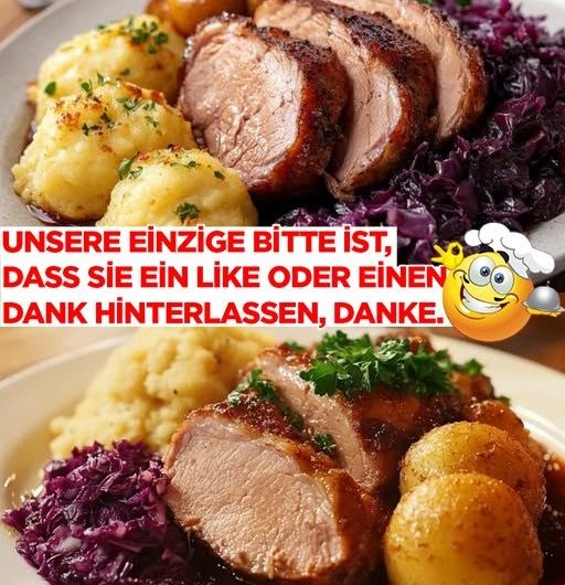 Schweinekrustenbraten mit Klößen und Rotkohl – ein Festessen, das alle Generationen verbindet