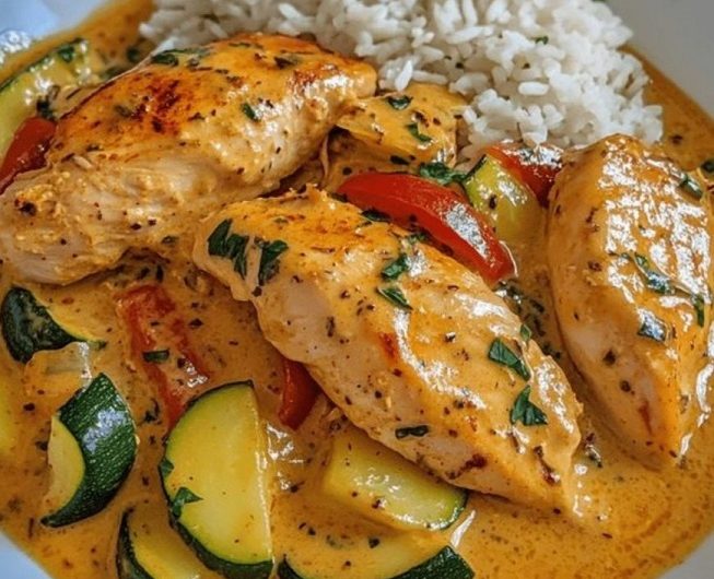 Essen wir wöchentlich dreimal – Paprika-Zucchini-Sahne-Hähnchen, das immer wieder auf dem Tisch landet