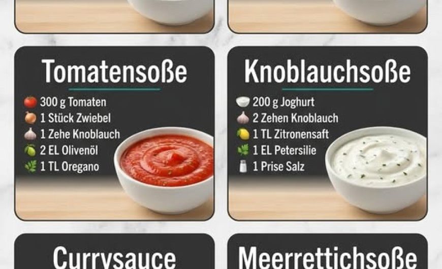 Kräutersauce, Käsesoße, Tomatensoße, Knoblauchsoße, Currysauce & Meerrettichsoße