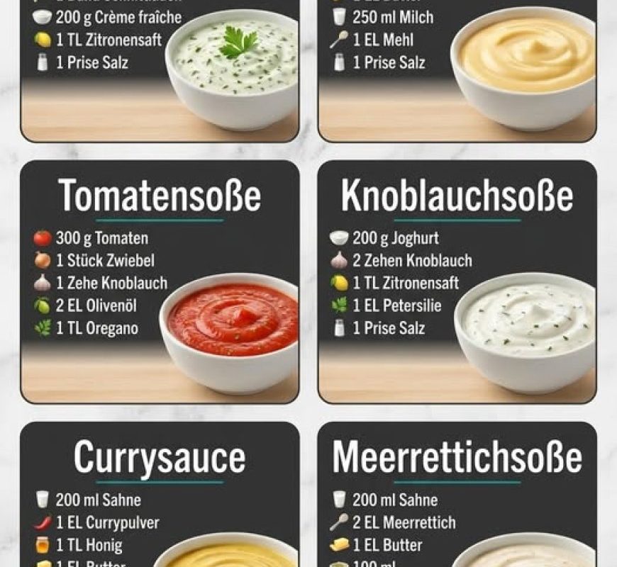 Kräutersauce, Käsesoße, Tomatensoße, Knoblauchsoße, Currysauce & Meerrettichsoße