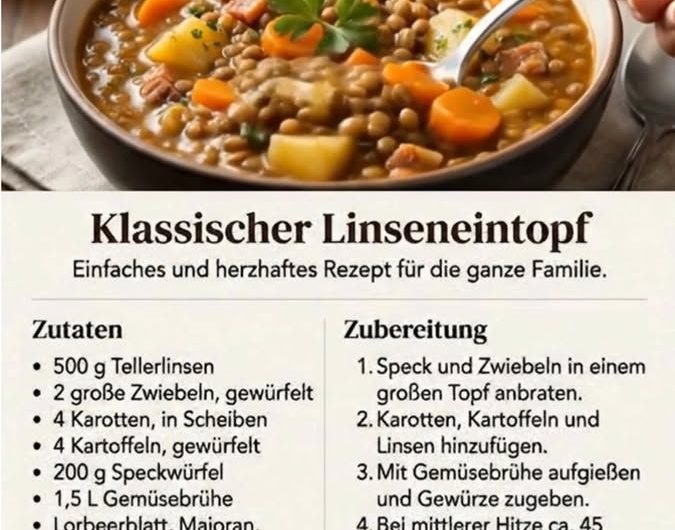 144K views · 343 reactions | Manchmal sind die einfachsten Gerichte die besten! ? Dieser klassische Linseneintopf schmeckt wie eine warme Umarmung an kalten Tagen. Herzhaft, deftig und perfekt für die ganze Familie – genau wie bei Oma. Speichert euch das Rezept unbedingt ab! ? ? Klassischer Linseneintopf Zutaten: 500 g Tellerlinsen 2 große Zwiebeln, gewürfelt 4 Karotten, in Scheiben 4 Kartoffeln, gewürfelt 200 g Speckwürfel 1,5 L Gemüsebrühe Lorbeerblatt, Majoran, Pfeffer Essig nach Geschmack Zubereitung: Speck und Zwiebeln in einem großen Topf anbraten. Karotten, Kartoffeln und Linsen hinzufügen. Mit Gemüsebrühe aufgießen und Gewürze zugeben. Bei mittlerer Hitze ca. 45 Minuten köcheln lassen. Mit Essig und Pfeffer abschmecken. Guten Appetit! #Linseneintopf #Hausmannskost #Rezept | Leckere Rezepte | Facebook