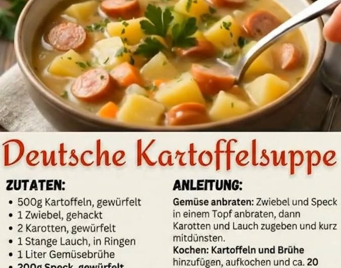 Nichts wärmt die Seele so sehr wie eine hausgemachte Kartoffelsuppe! 🥣✨ Cremig, herzhaft und genau das Richtige für gemütliche Abende. Hier ist mein Lieblingsrezept für euch – einfach nachzukochen und so lecker wie bei Oma!