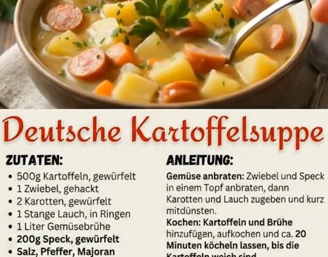 122K views · 326 reactions | Nichts wärmt die Seele so sehr wie eine hausgemachte Kartoffelsuppe! 🥣✨ Cremig, herzhaft und genau das Richtige für gemütliche Abende. Hier ist mein Lieblingsrezept für euch – einfach nachzukochen und so lecker wie bei Oma! 😋👇 Zutaten: 500g Kartoffeln (gewürfelt) 1 Zwiebel (gehackt) 2 Karotten (gewürfelt) 1 Stange Lauch (in Ringen) 1 Liter Gemüsebrühe 200g Speck (gewürfelt) Salz, Pfeffer & Majoran Frische Petersilie Zubereitung: Zwiebel und Speck in einem großen Topf anbraten. Karotten und Lauch kurz mitdünsten. Kartoffeln hinzufügen und mit der Brühe aufgießen. Alles ca. 20 Minuten köcheln lassen, bis das Gemüse weich ist. Die Suppe nach Belieben teilweise oder ganz pürieren. Mit Salz, Pfeffer und Majoran abschmecken. Mit Petersilie garniert servieren! #Kartoffelsuppe #Rezept #Hausmannskost | Leckere Rezepte | Facebook